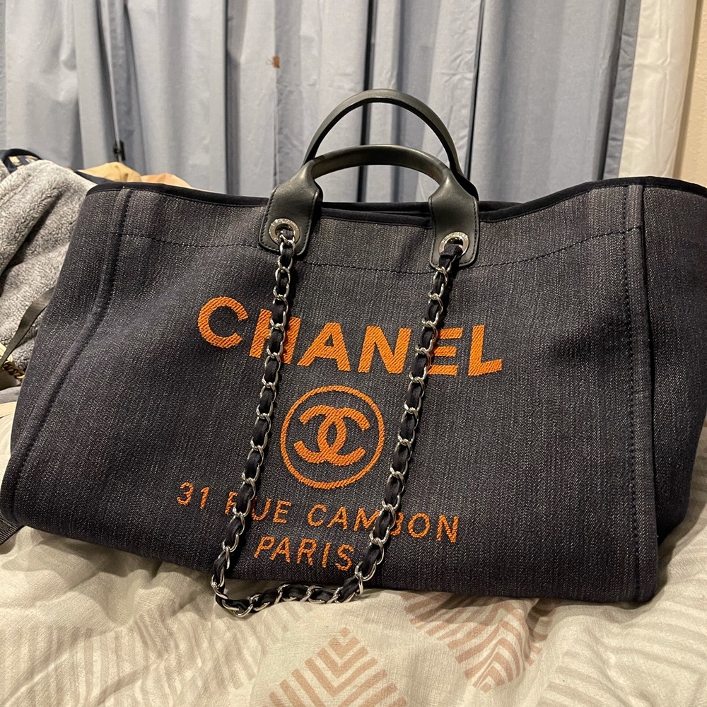 chanel deauville large navy Denim shopping bag